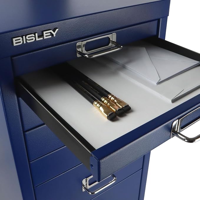 Bisley 8-Drawer Steel MultiDrawer Cabinet - Oxford Blue | Chrome Pull Handles with Label Holders, Powder-Coated Steel, Removable Drawers, Fits Under Most Desks, Labels Included
