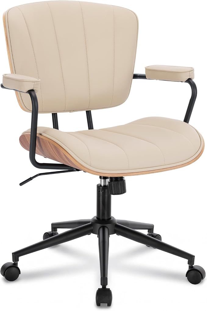 Mid Century Modern Office Chair, Fixed Back Rolling Desk Chair with Armrests and Walnut Back, Adjustable Height for Home Office, Beige