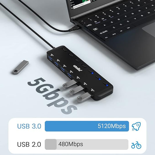 USB 3.0 Hub, atolla 7-Port USB Hub Splitter with Individual On/Off Switches and Lights, 3.28Ft Extended Cable, Suitable for Laptop, PC, MacBook, Keyboard, Mouse, Flash Drives 