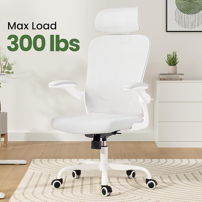 Soohow Office Chair, Ergonomic Office Mesh Desk Chair with Adjustable Back Support, High Back Comfy Computer Swivel Chair with Headrest, Lumbar Support for Study Room, Gaming and Office, White & White