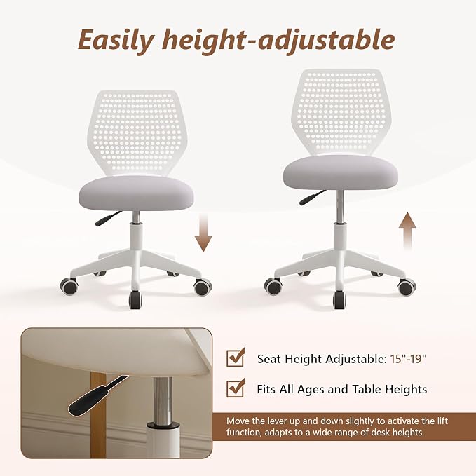 Small Office Chair with Wheels, Armless Desk Chair Height Adjustable Swivel Rolling Task Chair Breathable Mesh Ergonomic Computer Work Chair for Adult, Gray