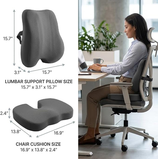 Lumbar Support Pillow & Seat Cushion for Office Chairs with Adjustable Strap, Memory Foam Back Support for Office Desk Chair Cushion, Chair Seat Cushions for Car, Travel and Wheelchair (Grey)