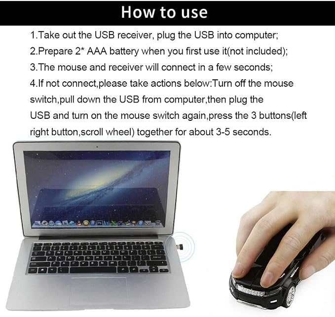 CHUYI Cool Sports Car Shaped Wireless Optical Mouse 1600 DPI Cordless Office School Mice with USB Receiver for PC Computer Laptop Gift (Black-1 Pack)