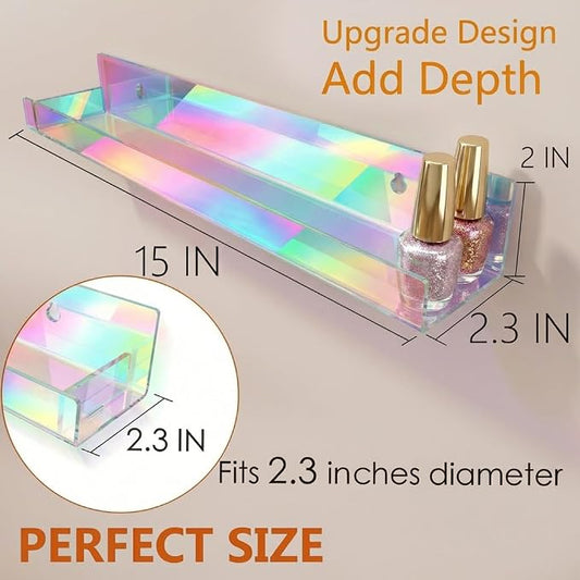 4 Pack 15 Inch Iridescent Acrylic Shelves, Clear Rainbow Floating Shelves for Wall, Modern Sunglasses Essential Oil Picture Ledge Display Toy Storage Wall Shelf