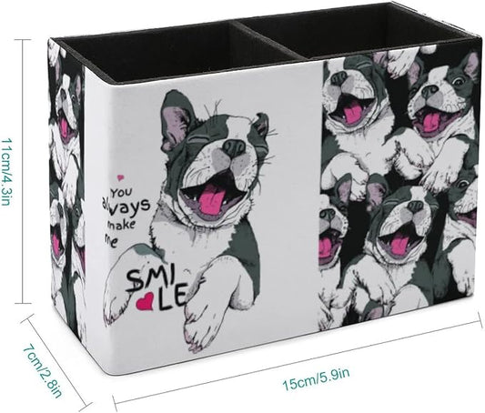 Niapessel Pencil Holder for Desk, Funny Boston Terrier Dog Pen Holder Storage Desktop Pen Organizer Desk Pencil Organizer Makeup Brush Holder for Office School College Leather