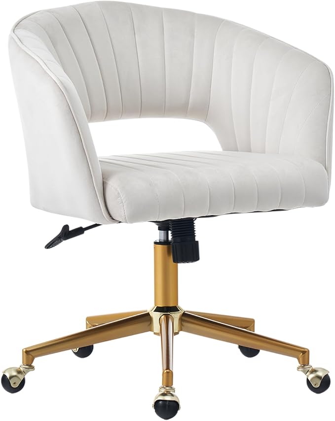 Home Office Desk Chair, Vanity Chair with Back 360 Swivel Armchair and Gold Base, Velvet Criss Cross Chair with Wheels for Vanity Home Office, Living Room, Bedroom and Study (Beige)