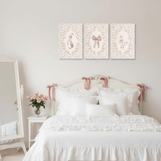 Baby Girl Nursery Wall Art Set of 3, Vintage Cottage Core Nursery Decor, Pink Bow Rabbit Goose Poster Print, Cute Floral Animal Canvas Pictures for Girls Room Kids Bedroom Framed 16x24 Inch