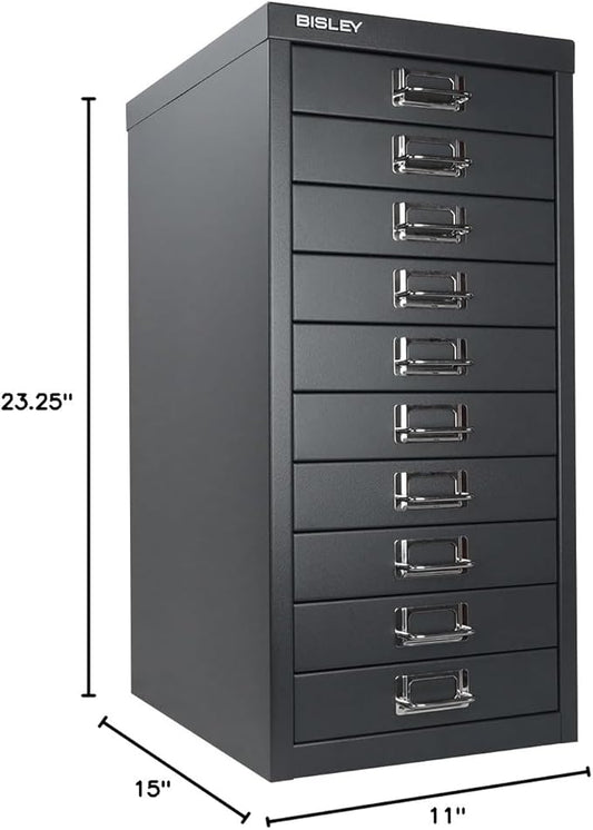Bisley 10-Drawer Steel MultiDrawer Cabinet - Anthracite Grey | Chrome Pull Handles with Label Holders, Powder-Coated Steel, Removable Drawers, Fits Under Most Desks, Labels Included