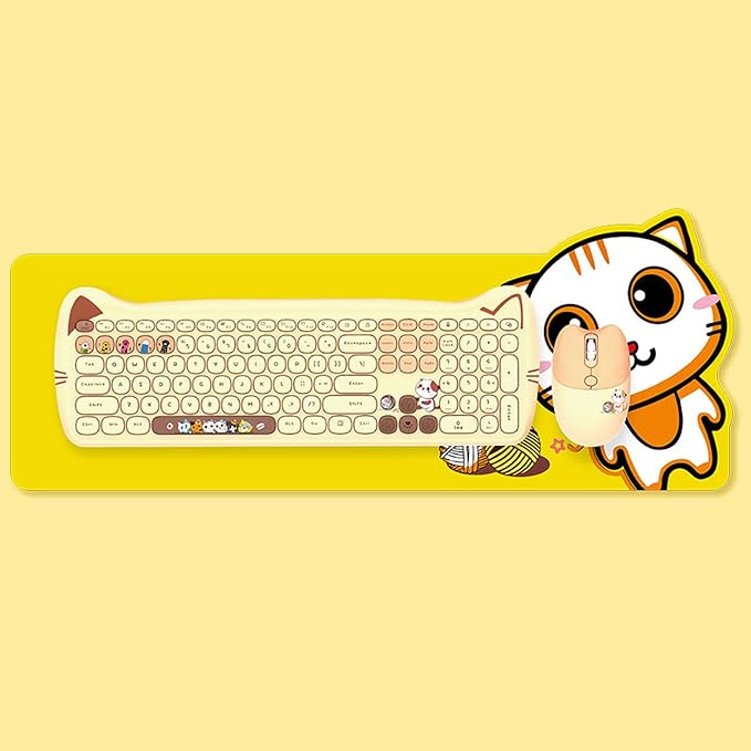 Cute Cat 2.4G USB Wireless Keyboard and Mouse Combo, Silent Keys, Candy Colors, Compatible with Notebook, PC (MilkTea-110Keys)