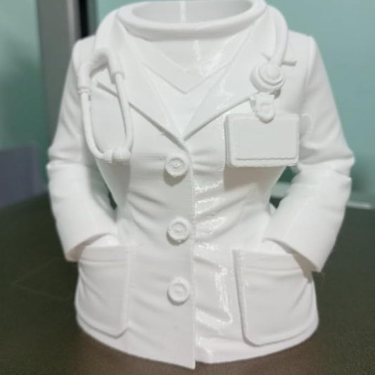 3D Printed Doctor Coat Pen Holder - Realistic Medical Desk Organizer with Stethoscope, White Doctor Sculpture Pen Cup for Office, Nurse, Medical Student Gift 4.8"x2.83"x4.72" (Female Doctor Style 2)