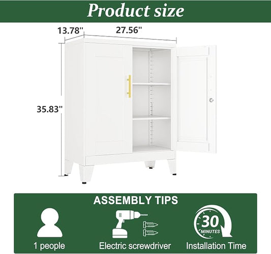 White Metal Storage Cabinet, 36" Tall Locking Storage Cabinet with 2 Adjustable Shelves, Steel Locker Organizer, for Office, Home, School, 2PS