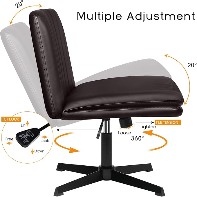 PUKAMI Criss Cross Chair,Comfy Cross Legged Office Desk Chair No Wheels,Modern Fabric Swivel Adjustable Height Mid Back Wide Seat for Home Office Computer (Pu Brown)