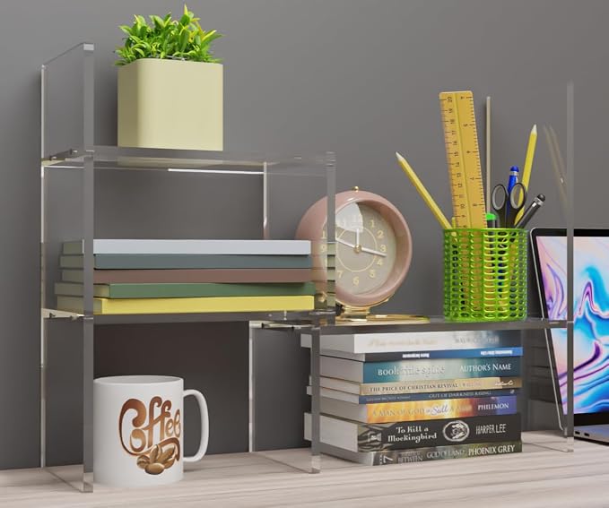 My Space Organizers Adjustable Acrylic Desk Shelf for Top of Desk: Clear Desktop Shelf, Premium Desktop Bookshelf Organizer, Office Table Book Shelves