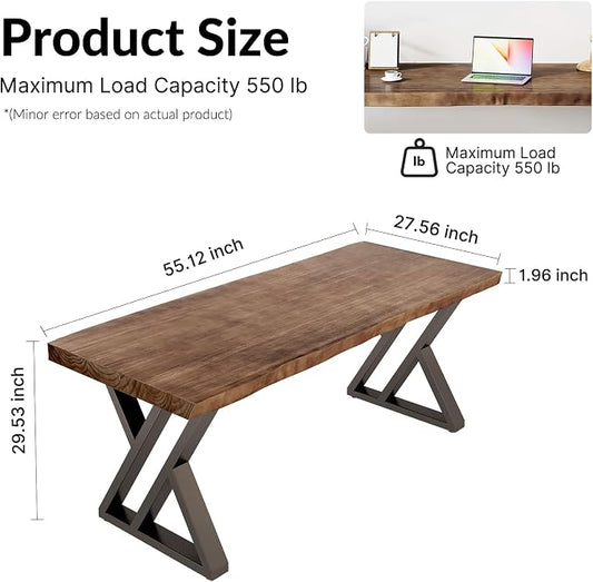 Solid Wood Desk 55 inches, Home Office Computer Desk Wooden Rustic Writing Desk Metal Modern Simple Design Executive Real Wood Desk(Rustic Brown)