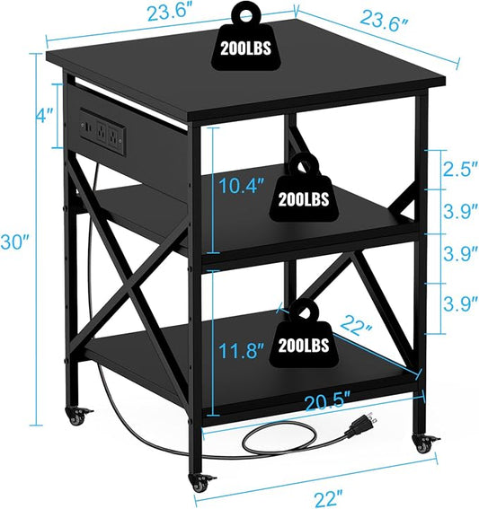 Black 3 Tier Mobile Printer Stand Large Rolling Storage Cart | Built in power outlet ample storage space locking casters overall size 23.6 x 23.6 x 30 inches for home office organization