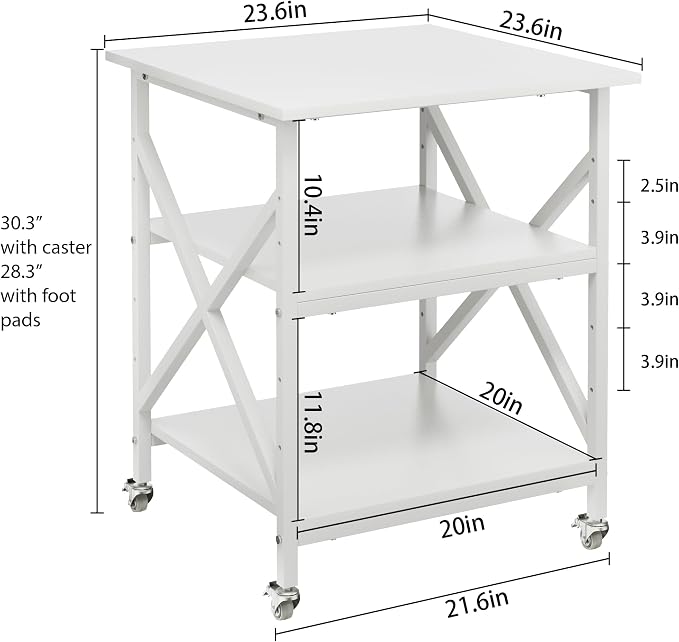 3 Tier Printer Stand, Large Table with Wheels, Rolling Cart with Height Adjustable Middle Storage Shelf, 23.6 x 23.6 x 30.3 Inches Shelf for Home Office, White