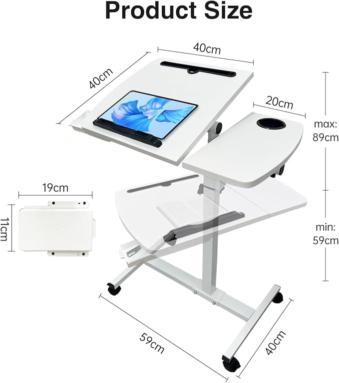 Adjustable Overbed Bedside Table with Tilting Desktop, 23.2-35in Height Adjustment, Mobile Laptop Desk with Cup Holde,Drawer, Wheels for Office, Home and Classroom (White)