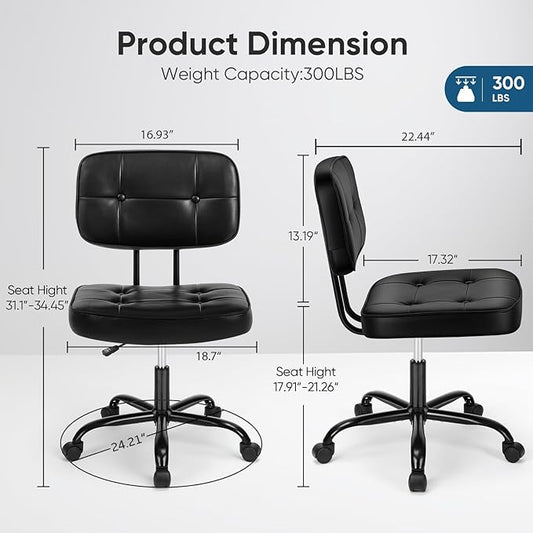 DUMOS Home Office Desk Chair - Ergonomic Armless PU Leather Computer Rolling Task Chair,with Comfy Lumbar Support and Height Adjustable, Vanity, Bedroom, Living Room, Black