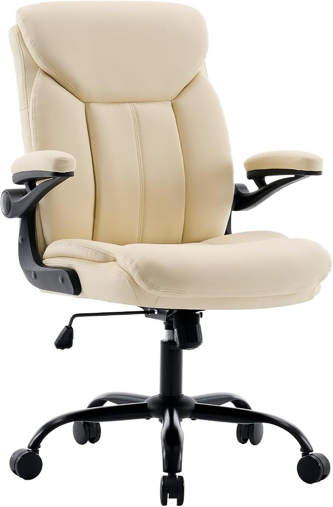 Leather Executive Office Chair - Ergonomic Computer Chair with Flip-up Arms Comfy PU Leather Home Desk Chairs Mid Back Support Adjustable Height Tilt Lock Swivel Rolling Wheels, Beige
