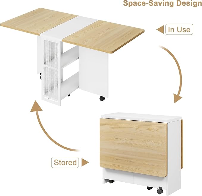IDEALHOUSE FoldingTable, Drop Leaf Dining Table with 6 Wheels and 2-Layer Storage Shelf, Space Saving Table for Small Spaces (Natural Wood, 50.1" D x 31.4" W x 29.5" H)