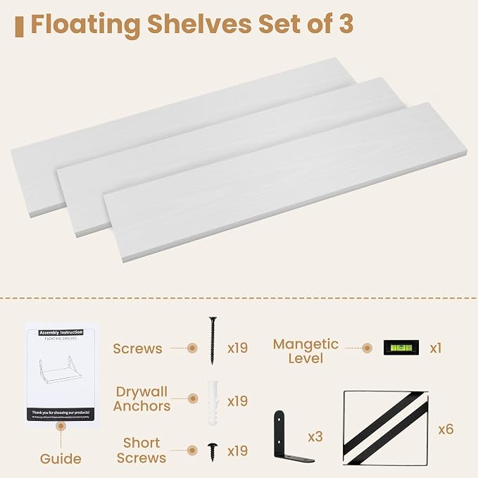 Heimlove Floating Book Shelves for Wall,35.4 Inches Long Wall Mounted Bookshelves,Heavy Duty Bracket Shelves for Living Room Kitchen,Laundry Room Storage & Decor,Set of 3,White