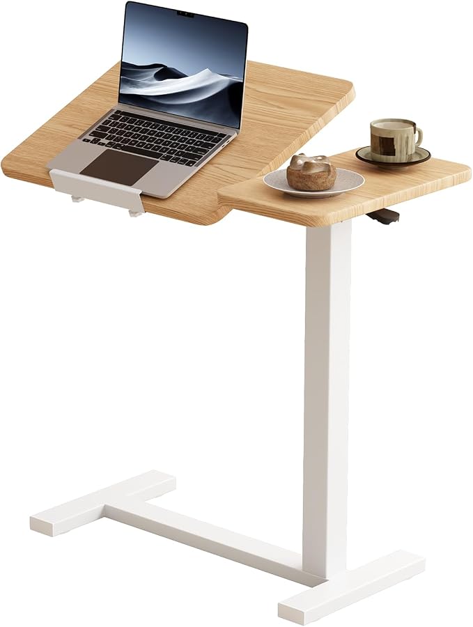 Solid Wood Overbed Bedside Table with Wheels, Tilting Adjustable Hospital Bed Table Over The Bed, Medical Mobile Laptop Stand, Rolling Standing Desk for Hospital and Home Use(Natural)