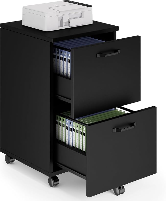 Sweetcrispy 2-Drawer Rolling File Cabinet, Wood Under Desk Storage with Lockable Wheels, Mobile Printer Stand & Home Office Organizer for Documents and Office Supplies, Black