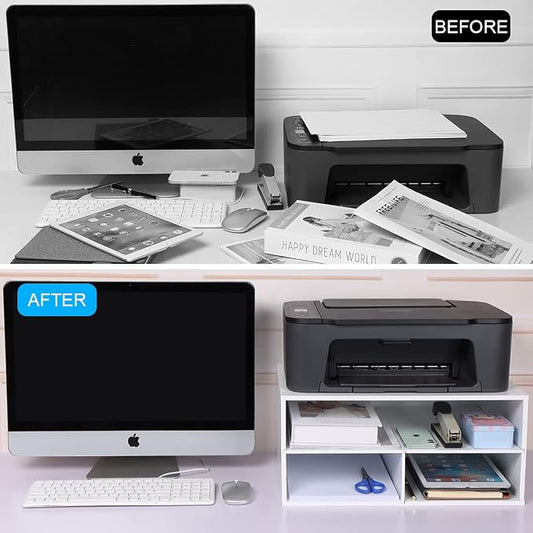 EMERIT Printer Stand for Desk - 2 Tier Desktop Printer Stand with Paper Storage, Printer Riser Organizer for Home Office, Holds up to 30 lbs, White