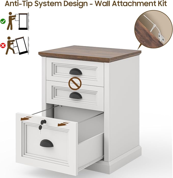 Halitaa Vertical File Cabinet, Filing Cabinet with 3 File Drawers & Lock, Farmhouse Small File Cabinet Fits Letter/A4 Size, Wooden Printer Stand, Home Office Cabinet, White