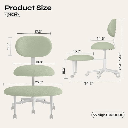 Pinmoco Ergonomic Cross Legged Office Chair with Wheels, ADHD Chair for Adults, Meditation Chair, Yoga Office Chair, Comfortable Back Support, Height Adjustable,Small Spaces, Teddy Fabric, Green