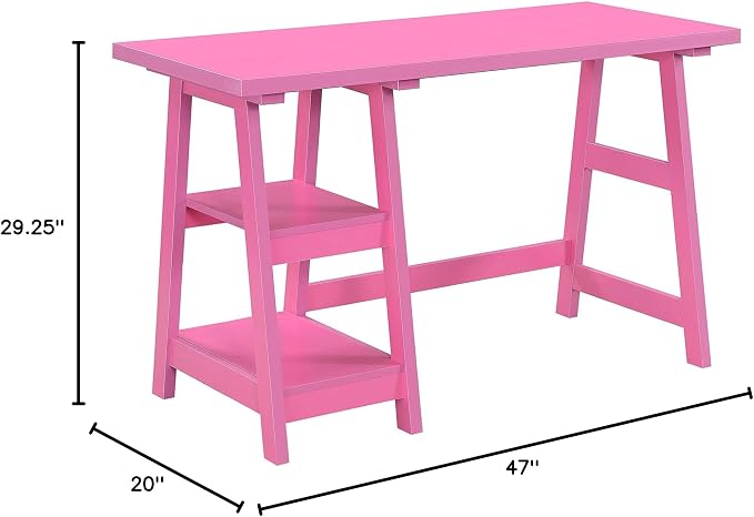 Convenience Concepts Designs2Go Trestle Desk 47" - Modern Desk or Vanity with Shelves, for Office, Dorm, Living Room, Pink