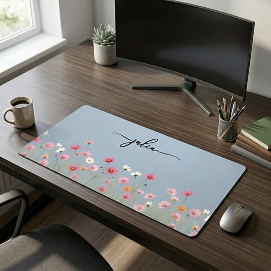 Personalized Birth Flower & Name Desk Mat - Floral Mouse Pad for Her, Coworker, Friend, Teacher, Large Desk Mat, Slip PU Leather Blotter, Leather Desk Protector, Office Appreciation Gifts