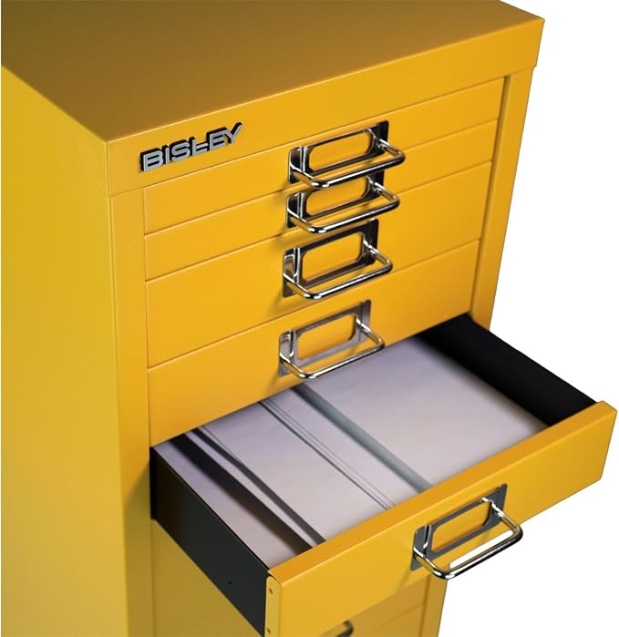 Bisley 8-Drawer Steel MultiDrawer Cabinet - Golden Sunflower Yellow | Chrome Pull Handles with Label Holders, Powder-Coated Steel, Removable Drawers, Fits Under Most Desks, Labels Included