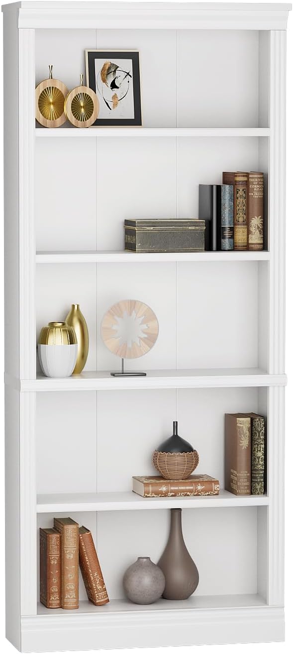 Furniwell Bookcase Bookshelves, 5-Shelf Tall Bookcase 71" Wood Open Display Floor Bookshelf, Large Storage Organizer for Library, Bedroom, Living Room (White)