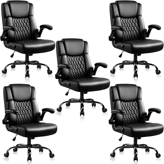 OFIKA Leather Office Desk Chair,Ergonomic Office Chair with Lumbar Support,Computer Chair,Executive Leather Chair with Padded Flip-up Arm,Adjustable Armrests, Black,275LBS,5 Pack