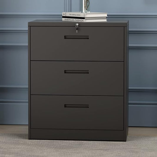 Lateral File Cabinet, 3 Drawers Metal Lockable Filing Cabinet for Commercial Grade Office Legal and Letter File (Black)