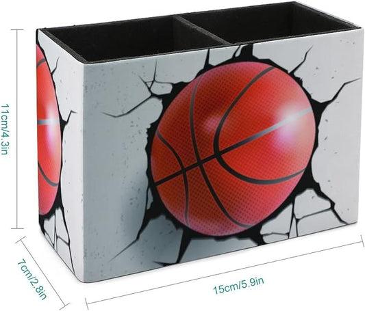Niapessel Pencil Holder for Desk, Basketball Ball Pen Holder Storage Desktop Pen Organizer Desk Pencil Organizer Makeup Brush Holder for Office School College Leather