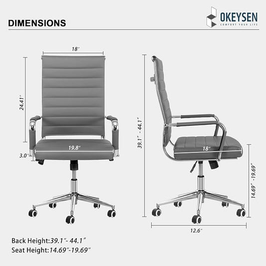 Okeysen Ergonomic Office Desk Chair, Modern PU Leather Conference Room Table Chairs Ribbed, High Back Executive Swivel Rolling Chair for Home, Office (Grey-Ribbed)