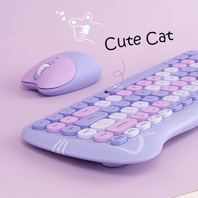 Cute Cat 2.4G USB Wireless Keyboard and Mouse Combo, Silent Keys, Candy Colors, Compatible with Notebook, PC (Purple-84Keys)