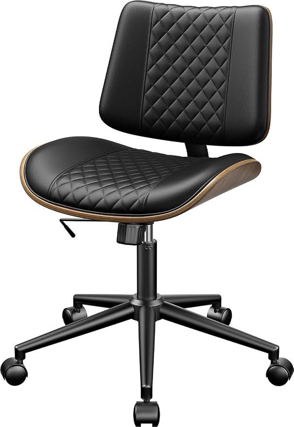 YaFiti Armless Office Chair, Mid Century Modern Desk Chair with Walnut Wood Back & SGS Level 3 Gas Lift, Swivel PU Leather Computer Chair for Small Space, Home Office, Bedroom, 300lbs Cap, Black