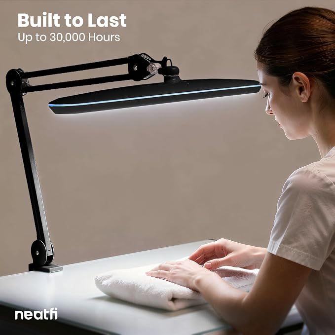 Neatfi XL 2,200 Lumens 24W LED Desk Lamp – 23” Wide Shade | Dimmable Eye-Caring Task Light | Adjustable Arm | Home Office, Study, Crafts & Nail Tech (Black, Non-CCT with Clamp)