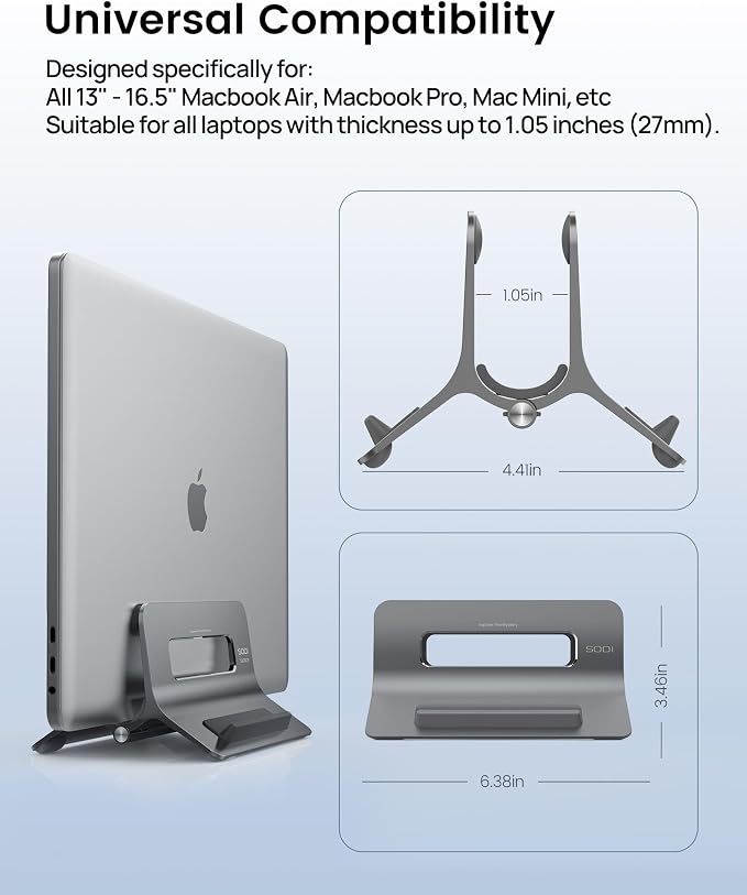 SODI Vertical Laptop Stand for Desk, Gravity Auto Lock MacBook Stand, Aluminum Laptop Holder Vertical Compatible with MacBook Pro, Air, Tablet, Space-Saving Organize Work & Home Office, Gray