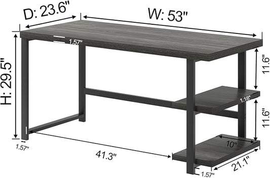 FOLUBAN Home Office Desk, Modern Computer Desk with Storage Shelf, Wood Study Writing Gaming Table for Bedroom Living Room, Industrial Dark Gray, 53 Inch