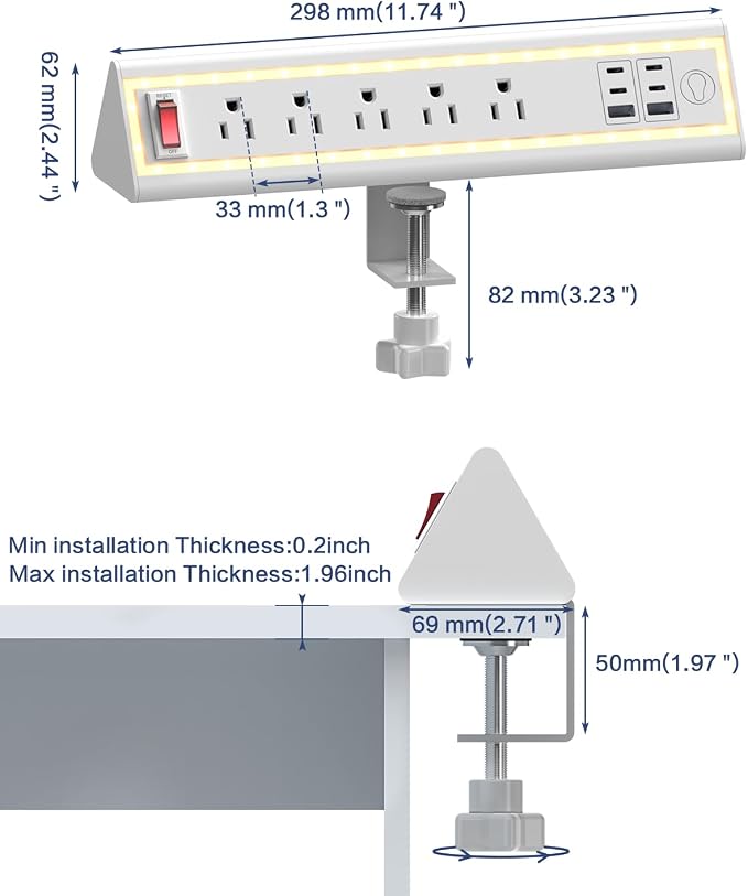 Desk Clamp Power Strip with Nightlight, 40W Fast Charging, 10FT Extension Cord, 4x20W USB-C & 2 USB Ports, 5 AC Outlets, Fits 1.69-Inch Table Edges