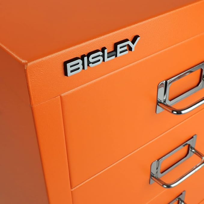 3-Drawer Steel MultiDrawer Cabinet - Orange, by Bisley | Chrome Pull Handles with Label Holders, Powder-Coated Steel, Removable Drawers, Desktop Storage, Labels Included