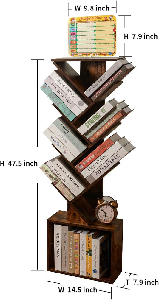 7 Tier Tree Book shelf, Small Bookcase with Reading Planner and Activity Panel, Modern Floor Standing Corner Tall Narrow Storage Cabinet Bookshelves for Home Office Bedroom Living Room (Rustic Brown)