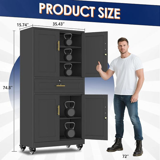 erosoei 75" H Metal Garage Storage Cabinet, Rolling Tool Cabinet with 2 Doors and Wheels, Locker Steel Cabinet with 4 Adjustable Shelves and Drawer, Organization Cabinet for Garage,Office,Home,Gym
