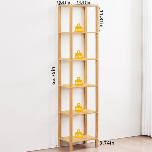 YUFAM 66in Tall Bookshelf 6-Tier Small Narrow Bookcase, Skinny Book Shelf for Small Space, Farmhouse Slim Shelf with Storage, Wood Freestanding Display Thin Bookshelves for Living Room, Natural