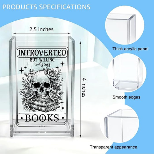 Introverted But Willing To Discuss Books Acrylic Organizer Pencil Pen Holder, Skeleton Bookmark Desk Accessories Holder, Bookworm Gifts for Women Reader Book Club Student Librarian Teacher