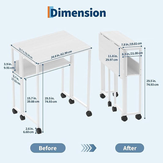 Folding Desk Small Rolling Desk with Storage Shelf,24.8 Inch Foldable Computer Table with Wheels,Portable Office Desk for Small Space Sofa Table,Easy to Fold,Writing Work Office Computer Desk,White